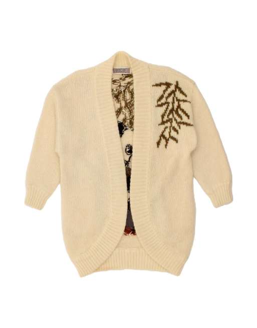 Vintage Longline Graphic Cardigan Sweater UK 14 Medium In Off In White