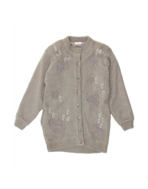 Vintage Longline Knit Bomber Jacket UK 14 Medium In Grey Floral