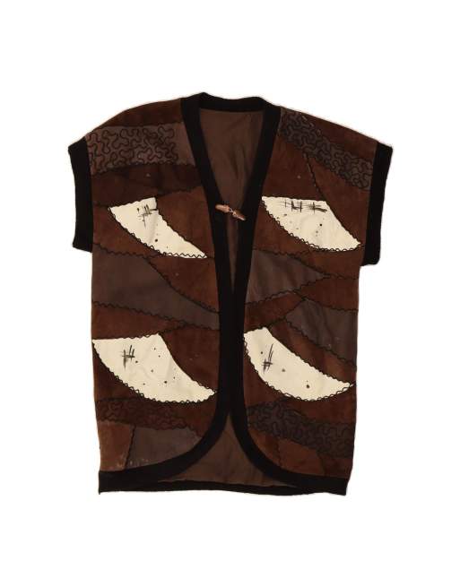 Vintage Longline Leather Gilet UK 18 XL In Brown Patchwork