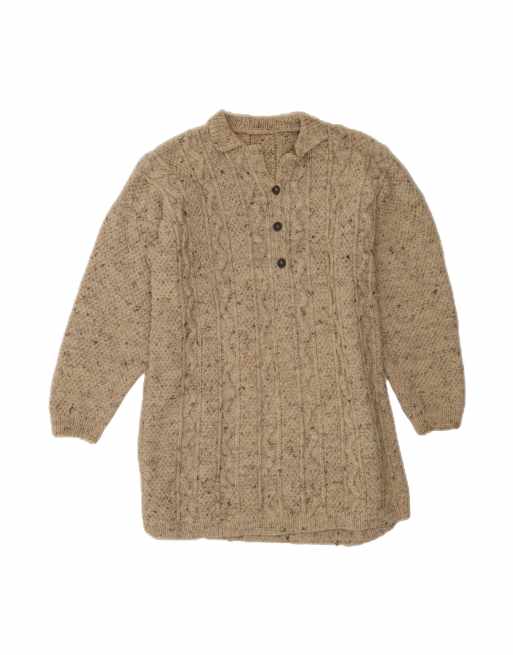 Vintage Longline Polo Neck Jumper Sweater UK 18 XL In Beige Flecked