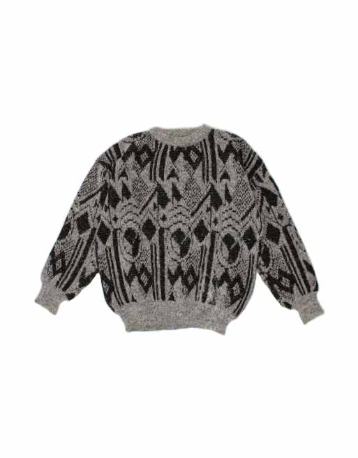 Vintage Loose Fit Crew Neck Jumper Sweater UK 18 XL In Grey Geometric