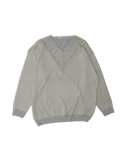 Vintage Loose Fit V-neck Jumper Sweater EU 48 2XL In Grey