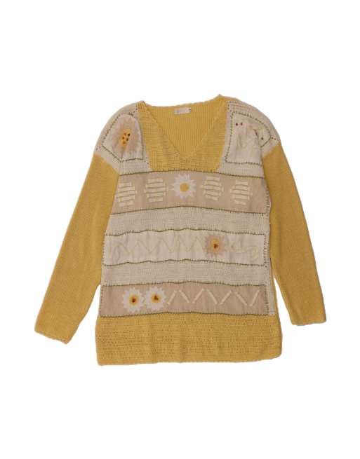 Vintage Loose Fit V-neck Jumper Sweater UK 14 Medium In Yellow