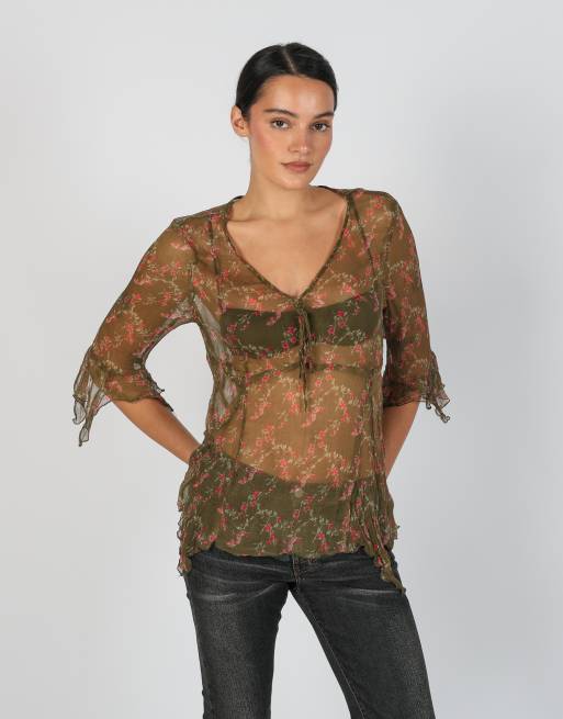 Vintage Made in Italy L woven top in khaki green, 1 of 4