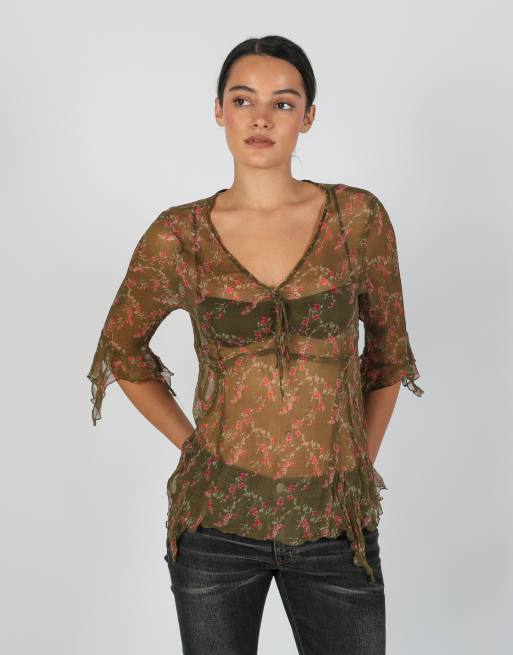 Vintage Made in Italy L woven top in khaki green, 3 of 4
