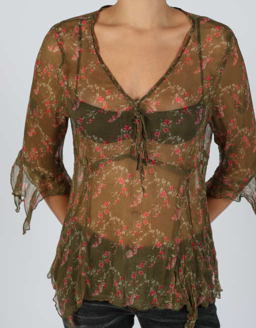 Vintage Made in Italy L woven top in khaki green, 4 of 4