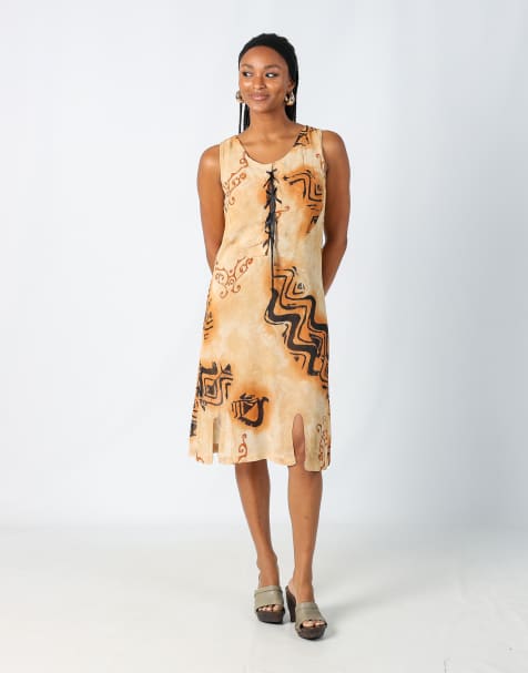 Vintage Made in Italy M printed woven midi dress in brown - view 1