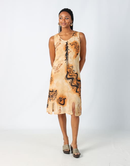 Vintage Made in Italy M printed woven midi dress in brown