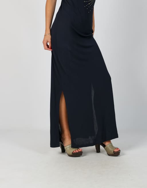 Vintage Made in Italy S woven maxi dress in navy blue, 2 of 4