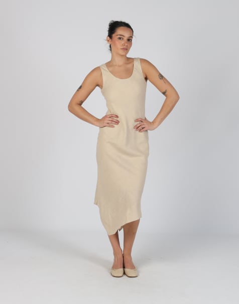 Vintage Made in Italy S woven midi dress in beige - view 1