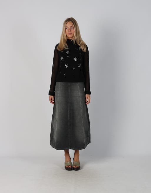 Vintage Made in Italy XS denim maxi skirt in charcoal grey, 1 of 4