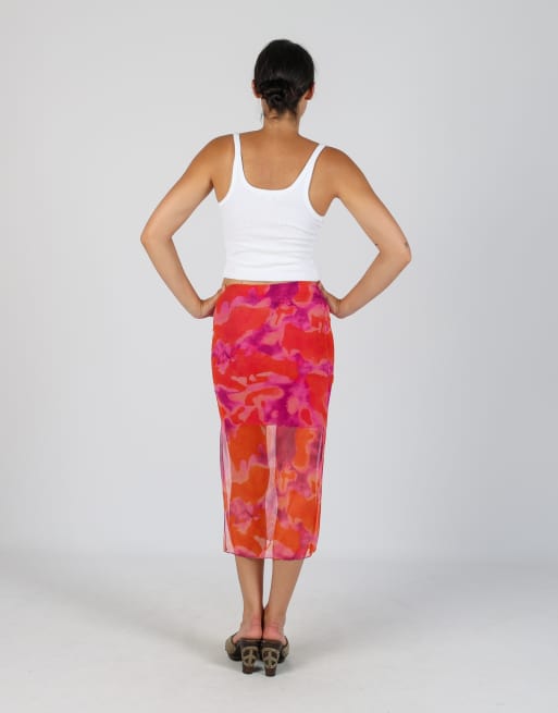 Vintage Made in Italy XS mesh midi skirt in coral, 3 of 4