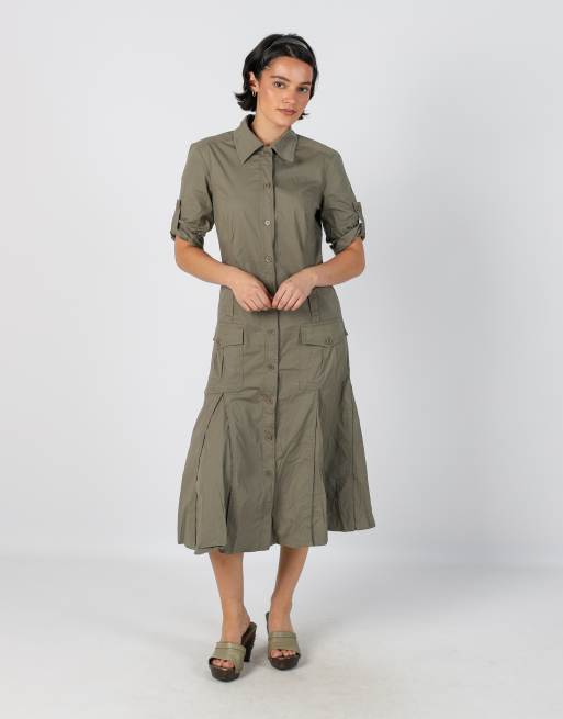Vintage Marella S woven maxi dress in khaki green, 1 of 4