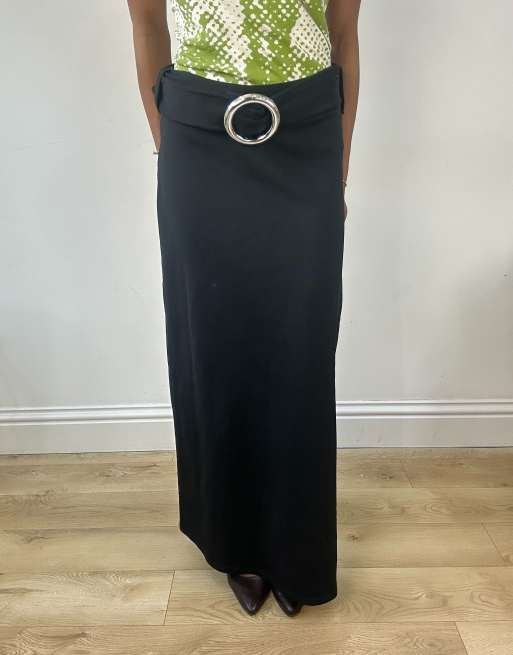 Vintage maxi skirt with oversized buckle detail in black
