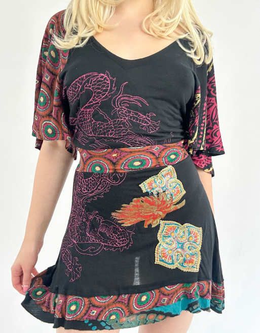 Vintage medium Desigual printed mini dress in black and multicolour, 3 of 4