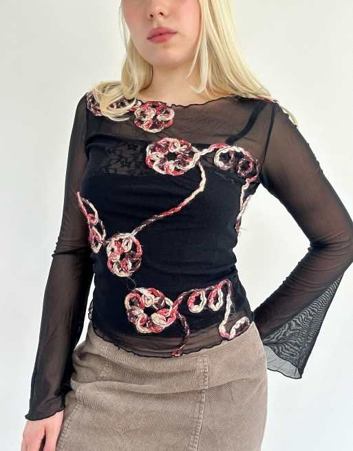 Vintage medium sheer floral applique top in black and pink, 1 of 4