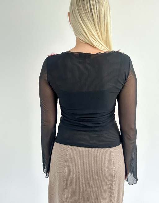 Vintage medium sheer floral applique top in black and pink, 2 of 4