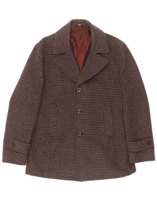 Vintage Mens Pea Coat IT 54 XL Grey Houndstooth Wool