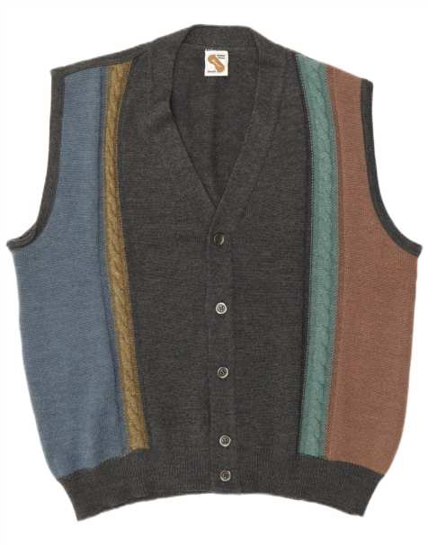 Vintage Mens Sleeveless Cardigan Sweater IT 52 Large Grey Colourblock - view 1