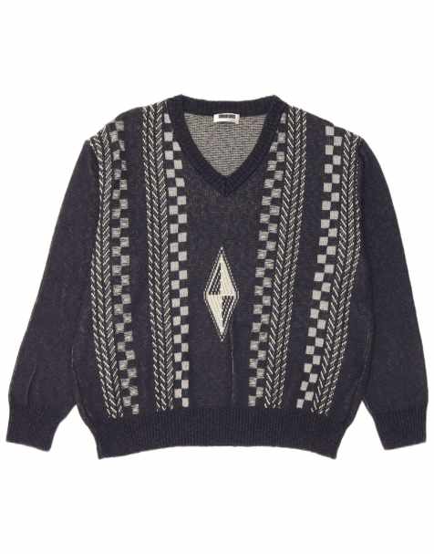Vintage Mens V-Neck Jumper Sweater IT 52 Large Navy Blue Geometric Cotton - view 1