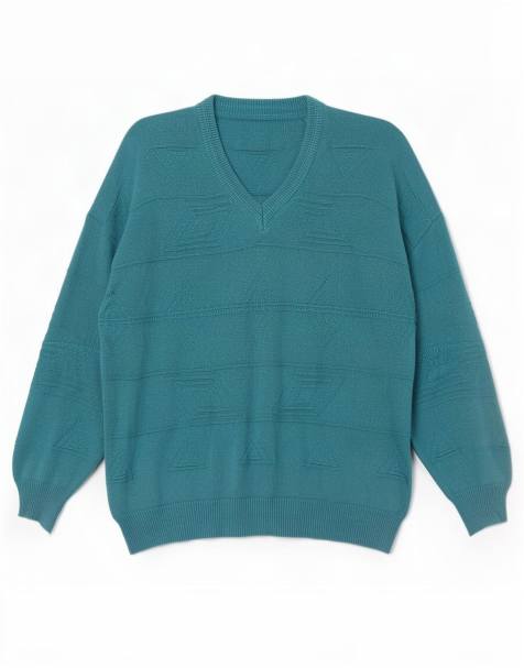 Vintage Mens V-Neck Jumper Sweater UK 46 XL Blue Geometric Acrylic - view 1