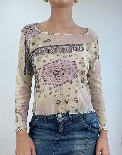 Vintage mesh abstract print top in cream - view 1