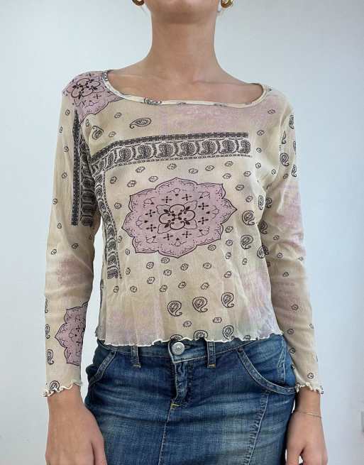 Vintage mesh abstract print top in cream