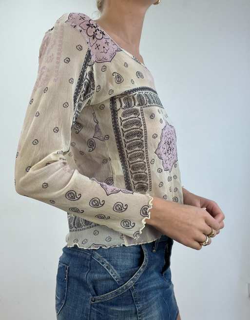 Vintage mesh abstract print top in cream, 3 of 4