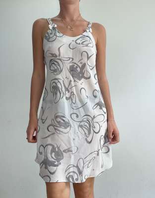 Vintage mesh floral print dress in white