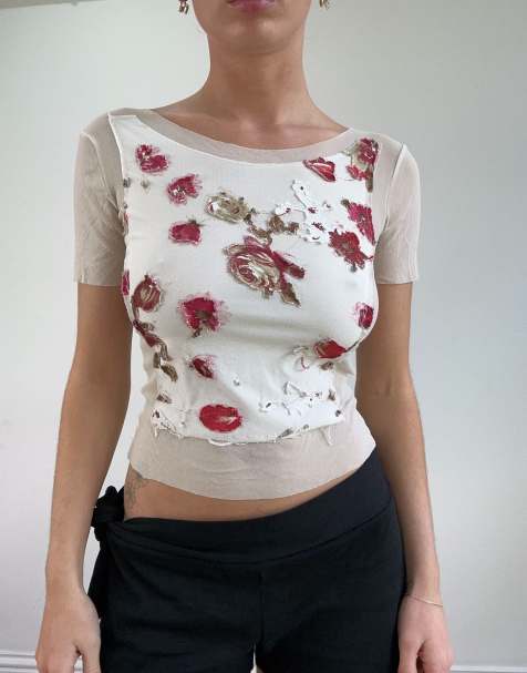 Vintage mesh floral top in white - view 1