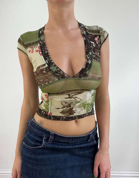 Vintage mesh graphic top in khaki - view 1