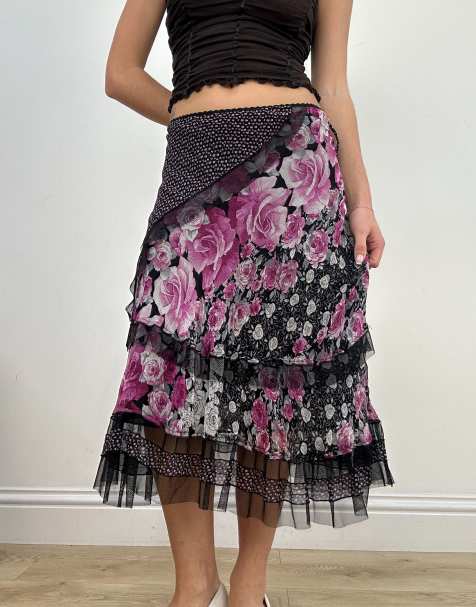 Vintage mesh midi floral skirt in pink - view 1