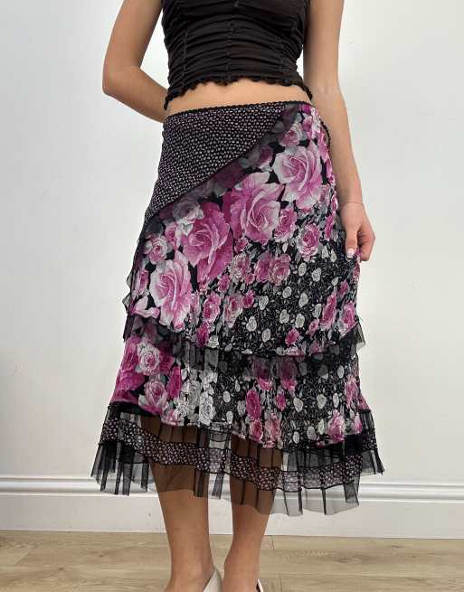 Vintage mesh midi floral skirt in pink