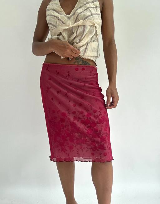 Vintage mesh overlay midi skirt in burgundy