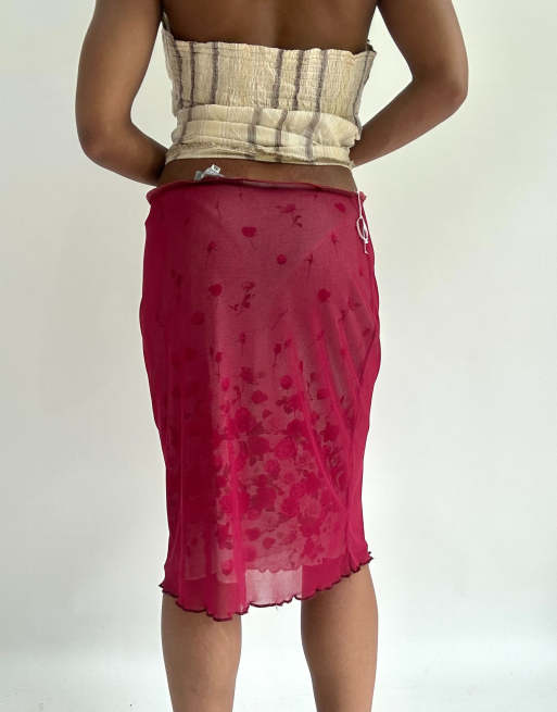 Vintage mesh overlay midi skirt in burgundy, 2 of 4