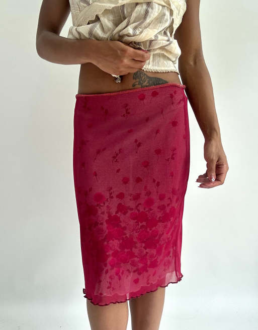 Vintage mesh overlay midi skirt in burgundy, 3 of 4