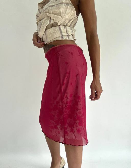 Vintage mesh overlay midi skirt in burgundy, 4 of 4