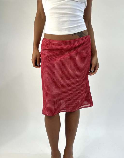 Vintage mesh overlay midi skirt in red