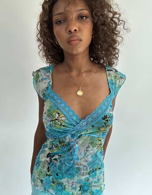 Vintage mesh overlay short sleeve top in blue