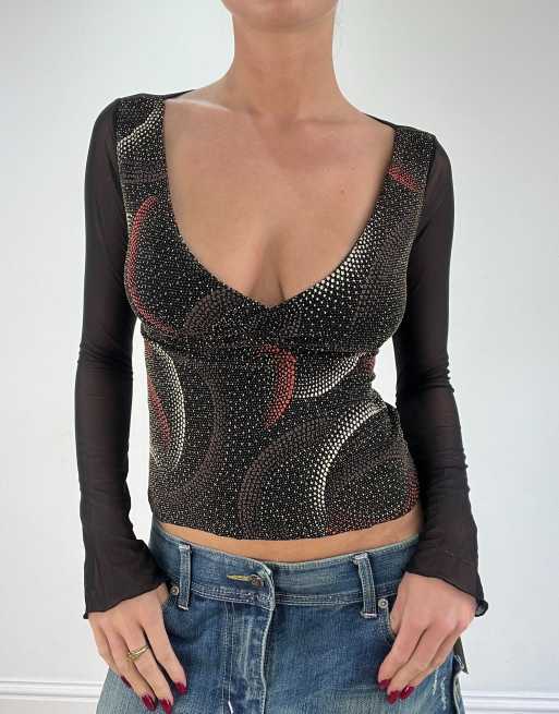 Vintage mesh patterned long sleeve top in black