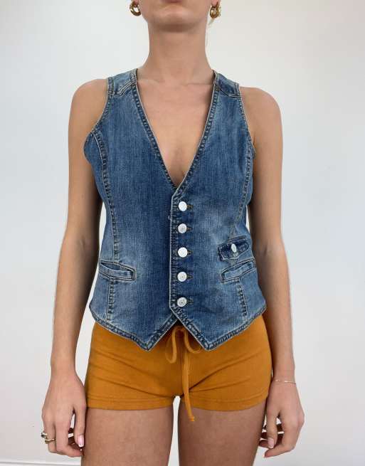 Vintage mid wash denim waist coat in blue