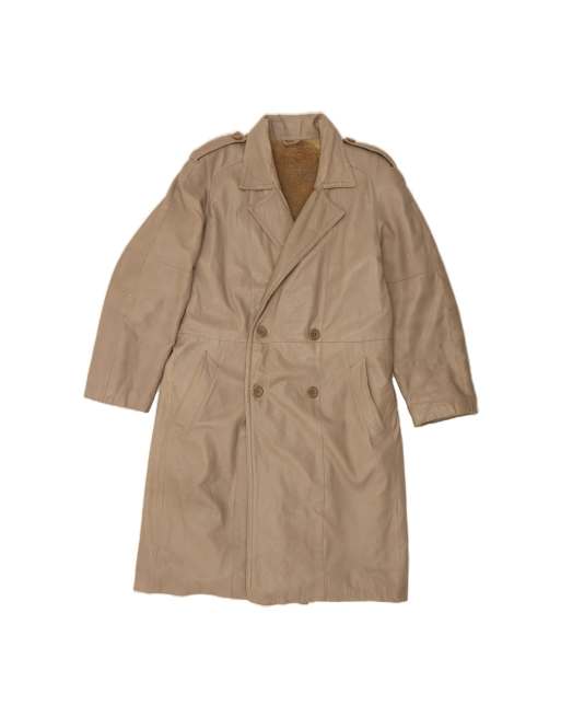 Vintage Military Double Breasted Leather Coat It 52 XL In Beige