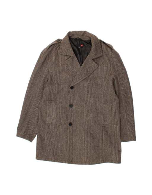 Vintage Military Overcoat UK 40 Large In Grey Striped Wool