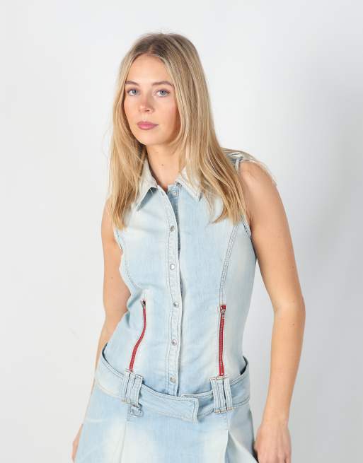 white christmas dresses Slanted Shoulder Denim Dress, Light Blue / de / 32