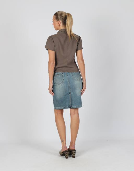 Vintage Mooire XS denim midi skirt in light blue, 3 of 4