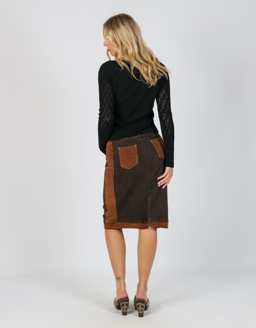 Vintage Motivi 10 denim midi skirt in brown, 3 of 4