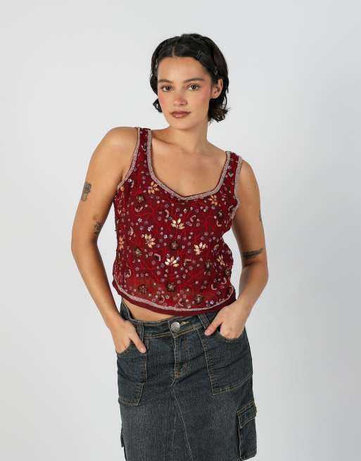 Vintage Motivi S woven vest in burgundy red, 1 of 4