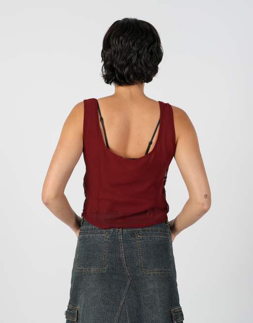 Vintage Motivi S woven vest in burgundy red, 2 of 4