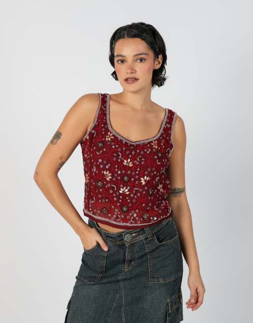 Vintage Motivi S woven vest in burgundy red, 3 of 4