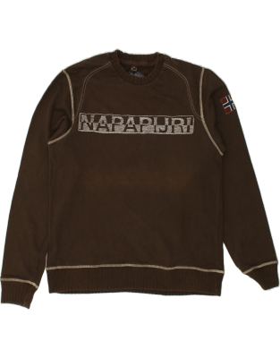  Vintage Napapijri Size M Graphic Crew Neck Jumper Sweater in Brown